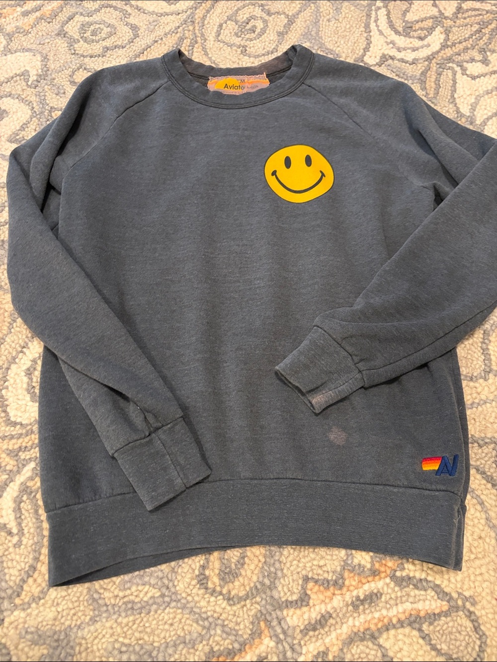 Aviator Nation Charcoal Crewneck with Yellow Smiley Graphic